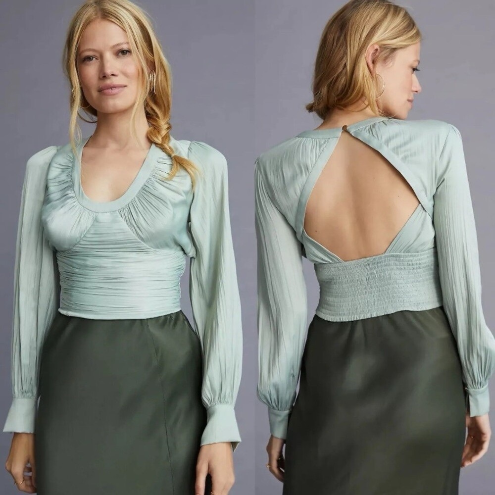 Anthropologie Blouson-Sleeve Blouse In Mint Green Size Small - Picture 1 of 7